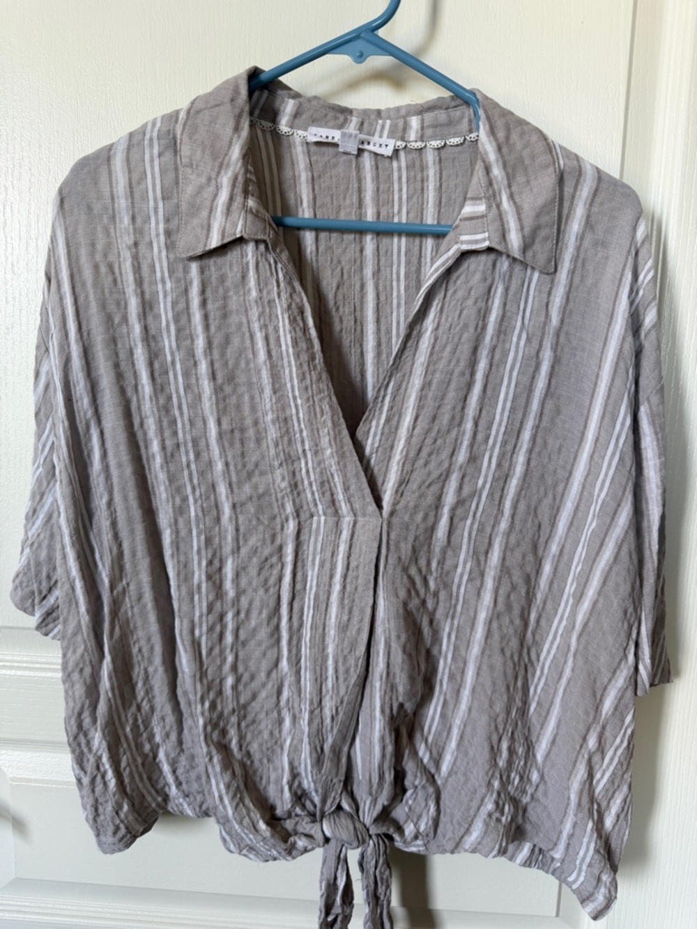 Jane and Delancey Taupe and White Striped Tie-Front Tunic